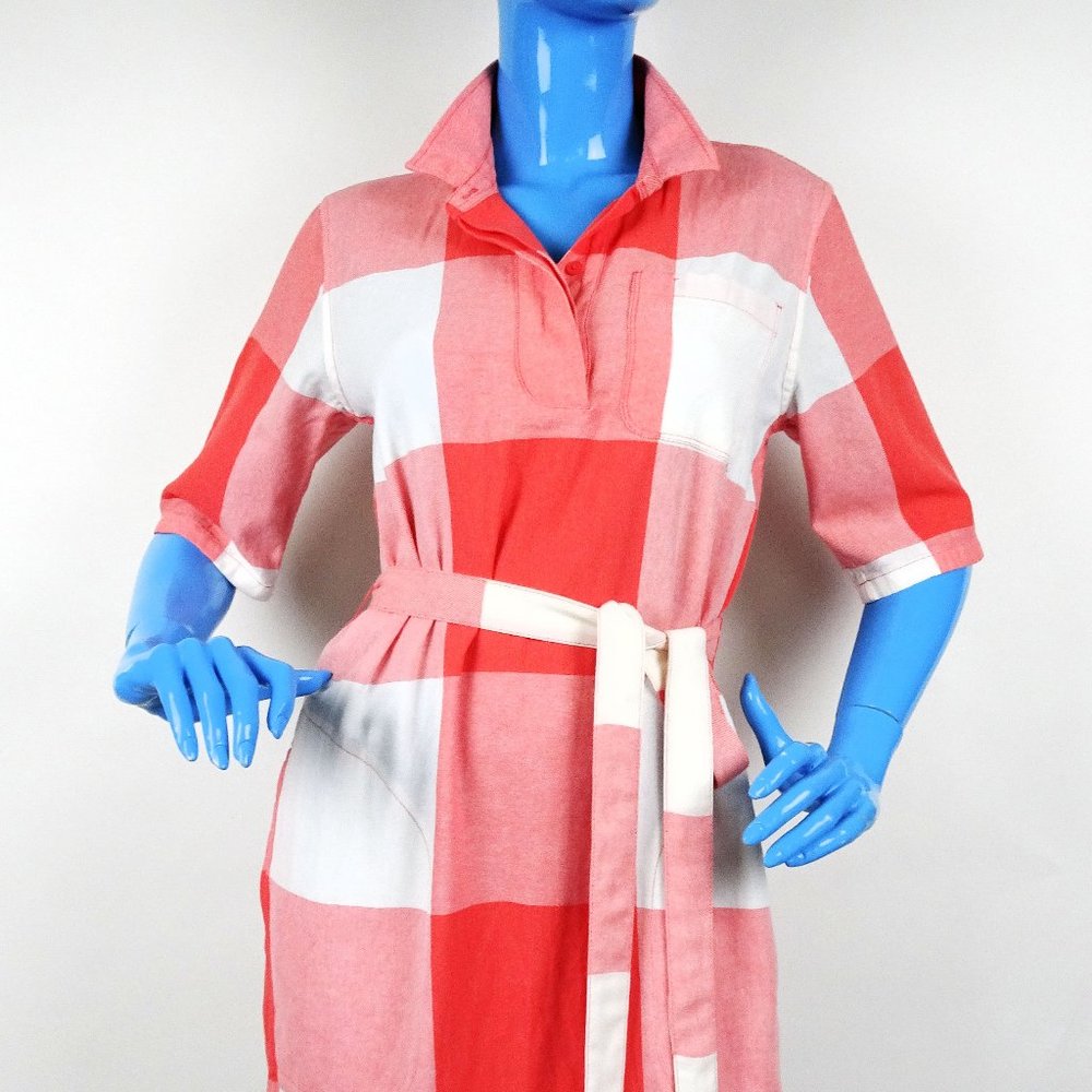 Women's Coral and White Check Belted Shirt Dress